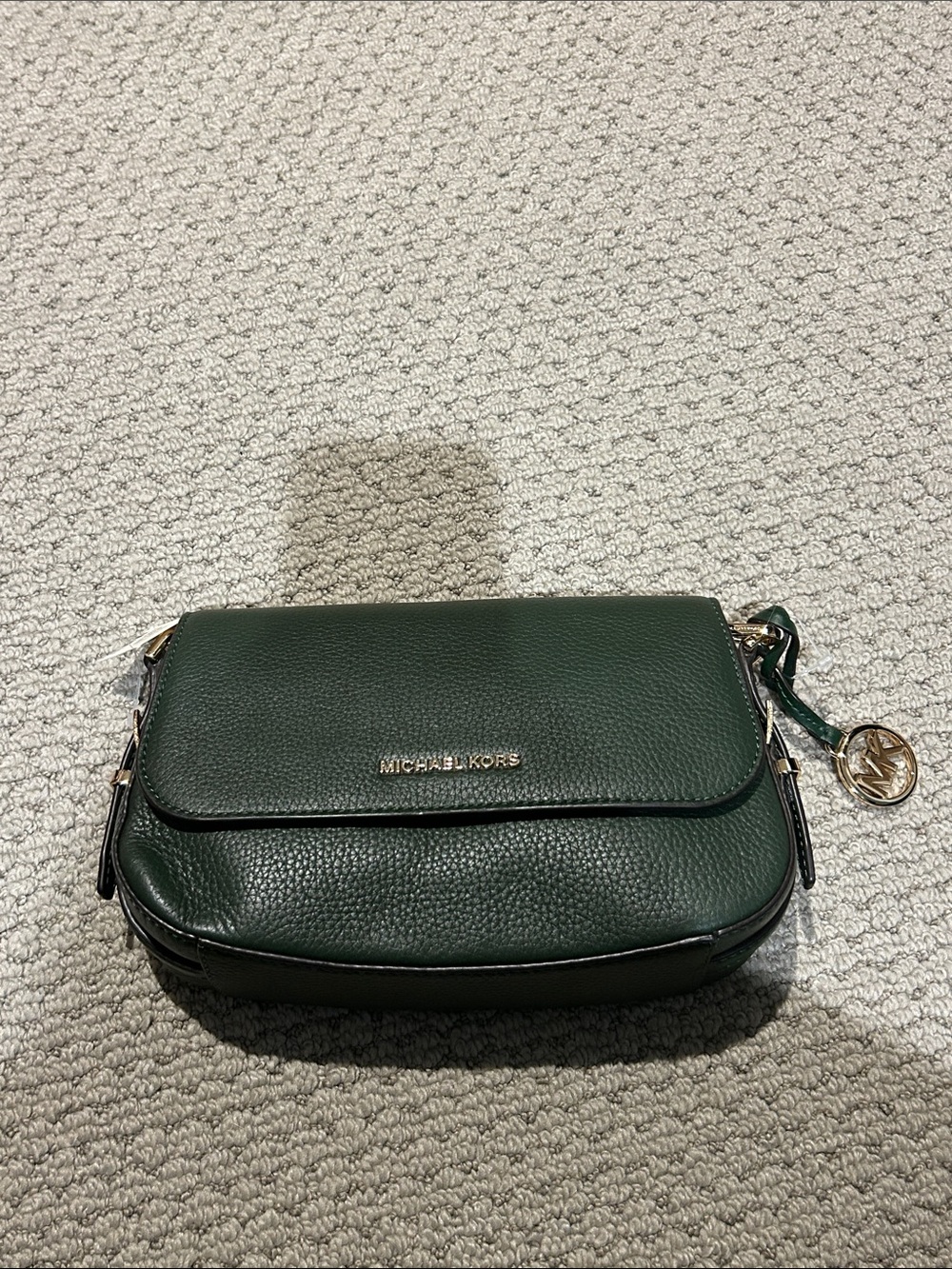 Michael Kors Green Pebbled Leather Crossbody with Gold Logo Charm